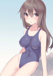 Rule 34 | 1girl, akagi kurage, blue one-piece swimsuit, blush, breasts, brown eyes, brown hair, competition school swimsuit, covered navel, groin, hair between eyes, highleg, highleg swimsuit, highres, impossible clothes, impossible swimsuit, legs together, long hair, looking at viewer, medium breasts, one-piece swimsuit, original, parted lips, school swimsuit, sidelocks, sitting, solo, swimsuit, thighs