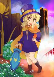 Rule 34 | 1girl, a hat in time, absurdres, blonde hair, boots, cape, commission, commissioner upload, cosplay, dard drak, hat, hat kid, hat kid (cosplay), hidamari sketch, highres, long hair, looking at viewer, miyako (hidamari sketch), open mouth, solo, umbrella, yellow eyes