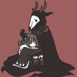 Rule 34 | 1boy, 1girl, animal print, antlers, bandages, bandaid, black jacket, black sclera, black thighhighs, bored, cloak, colored sclera, crossed arms, demon, demon horns, funamusea, grey hair, hands on own knees, head rest, himiko (hydrangeamaiden), hollow eyes, hood, hooded cloak, hooded jacket, horns, hugging own legs, jacket, kurotsuno, lace, lace-trimmed legwear, lace trim, leaning forward, long hair, lowres, nail polish, pale skin, pixel art, pointy ears, rabbit print, red background, shikabone, simple background, sitting, skull, sutare yume, thighhighs, thinking, yellow eyes