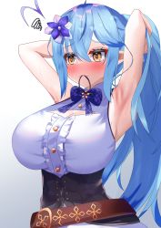 Rule 34 | 1girl, armpits, arms behind head, arms up, bare shoulders, belt, blue hair, blush, bow, bowtie, breasts, center frills, cleavage, cleavage cutout, clothing cutout, frills, hair between eyes, highres, hololive, huge breasts, large breasts, long hair, looking ahead, mouth hold, pointy ears, ponytail, sidelocks, squiggle, tonokawa, tying hair, underbust, virtual youtuber, yellow eyes, yukihana lamy