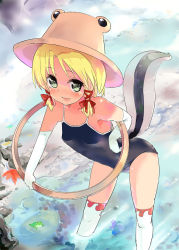 Rule 34 | 1girl, blonde hair, breasts, elbow gloves, facing viewer, feet out of frame, female focus, frog, gloves, green eyes, hair ornament, hair ribbon, hat, kemonomimi mode, leaning forward, looking at viewer, moriya&#039;s iron rings, moriya suwako, navel, one-piece swimsuit, outdoors, puuakachan, pyonta, ribbon, short hair, small breasts, solo, standing, swimsuit, tadpole tail, tail, thighhighs, touhou, wading, water, white gloves, white thighhighs