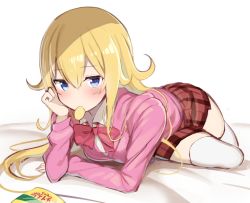 Rule 34 | 1girl, blonde hair, blue eyes, breasts, chips (food), collared shirt, food, gabriel dropout, gabriel tenma white, greatmosu, hair between eyes, long hair, long sleeves, looking at viewer, lying, medium breasts, miniskirt, mouth hold, pink sweater, pleated skirt, potato chips, red skirt, school uniform, shirt, skirt, solo, sweater, thighhighs, undershirt, white background, white thighhighs, zettai ryouiki