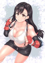 Rule 34 | 1girl, black skirt, breasts, brown eyes, cleavage, commentary request, earrings, elbow gloves, elbow pads, final fantasy, final fantasy vii, fingerless gloves, gloves, hiballista, highres, jewelry, large breasts, long hair, low-tied long hair, midriff, miniskirt, multicolored background, navel, pencil skirt, shirt, skindentation, skirt, smile, solo, suspender skirt, suspenders, tank top, taut clothes, taut shirt, tifa lockhart