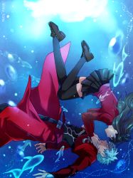 Rule 34 | 1boy, 1girl, archer (fate), brown hair, fate/stay night, fate (series), gradient background, niu illuminator, tohsaka rin, two side up, underwater, white hair