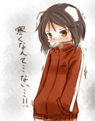 Rule 34 | 1girl, blush, cold, female focus, jacket, kanno naoe, md5 mismatch, sekino takehiro, sketch, solo, strike witches, track jacket, translation request, trembling, world witches series