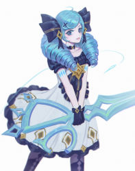 Rule 34 | 1girl, absurdres, black bow, black gloves, black legwear, blue eyes, blue hair, bow, collarbone, dress, drill hair, frilled dress, frills, gloves, gwen (league of legends), hair ornament, highres, holding, holding scissors, holding weapon, league of legends, long hair, lucky strike (artist), needle, oversized object, parted lips, puffy sleeves, purple pupils, scissors, simple background, smile, solo, thread, weapon, white background, white dress, x, x hair ornament