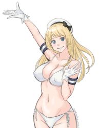 Rule 34 | 1girl, alternate breast size, arm up, armband, bikini, blonde hair, blue eyes, blush, breasts, cleavage, gloves, hat, highres, jervis (kancolle), kantai collection, large breasts, long hair, looking at viewer, military, military uniform, naval uniform, aged up, sailor hat, side-tie bikini bottom, simple background, smile, solo, sozan, swimsuit, teeth, uniform, white background, white bikini, white gloves