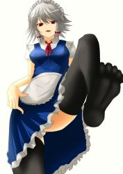 Rule 34 | 1girl, braid, embodiment of scarlet devil, faker (feketerigo), feet, female focus, foot focus, from below, hairband, highres, izayoi sakuya, kazuaki (pixiv27431), licking lips, maid, red eyes, short hair, silver hair, simple background, solo, thighhighs, tongue, tongue out, touhou, twin braids, white background