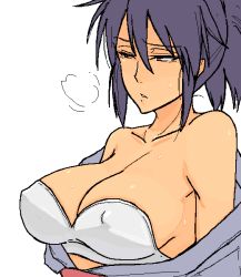 Rule 34 | 00s, 1girl, 69 (tranquilo), bad id, bad pixiv id, breasts, cleavage, covered erect nipples, fujibayashi sheena, large breasts, off shoulder, open clothes, open shirt, ponytail, purple hair, red eyes, shirt, solo, tales of (series), tales of symphonia