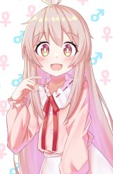 Rule 34 | 1girl, :d, blush, brown eyes, brown hair, commentary request, hair between eyes, hand up, highres, long hair, long sleeves, mars symbol, multicolored hair, neck ribbon, nenosame, onii-chan wa oshimai!, open mouth, oyama mahiro, pink hair, pink shirt, puffy long sleeves, puffy sleeves, red ribbon, ribbon, ribbon-trimmed shirt, shirt, simple background, skirt, smile, solo, two-tone hair, venus symbol, very long hair, white background, white skirt