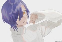 Rule 34 | 1boy, hair over one eye, looking at viewer, male focus, original, parted lips, pinching sleeves, purple hair, short hair, simple background, sleeves past wrists, smile, solo, suitei, sweater, turtleneck, turtleneck sweater, upper body, white background, white sweater, yellow eyes