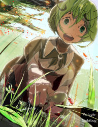 Rule 34 | 1girl, absurdres, bad id, bad pixiv id, bug, character name, from below, grass, green eyes, green hair, high five, highres, bug, ladybug, matching hair/eyes, open mouth, pateo, pointing, short hair, solo, touhou, wriggle nightbug
