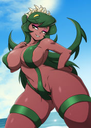 Rule 34 | 1girl, absurdres, bikini, breasts, curvy, fukua (skullgirls), green eyes, green hair, highres, large breasts, long hair, parted lips, skullgirls, smile, solo, swimsuit, thick thighs, thighs, wide hips