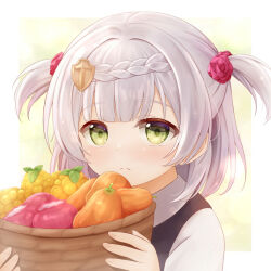 Rule 34 | 1girl, aged down, basket, border, braid, closed mouth, commentary request, flower, fruit basket, genshin impact, green eyes, grey hair, hair flower, hair ornament, holding, holding basket, looking at viewer, natsu (927013), noelle (genshin impact), portrait, red flower, red rose, rose, short hair, solo, two side up, white border