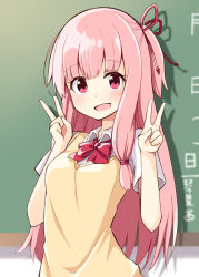 Rule 34 | 1girl, :d, blurry, blurry background, blush, bow, bowtie, breasts, chalkboard, collared shirt, depth of field, double v, hair ribbon, hands up, kotonoha akane, long hair, looking at viewer, medium breasts, ominaeshi (takenoko), one side up, open mouth, pink hair, red bow, red bowtie, red eyes, red ribbon, ribbon, school uniform, shirt, short sleeves, smile, solo, sweater vest, translation request, v, very long hair, voiceroid, white shirt