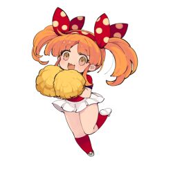 1girl :d asuka_120_percent brown_eyes chibi fang full_body hair_ribbon hairband highres holding kneehighs looking_at_viewer mota open_mouth orange_hair parted_bangs pleated_skirt polka_dot polka_dot_hairband polka_dot_ribbon pom_pom_(cheerleading) red_hairband red_ribbon red_shirt red_socks ribbon shirt shoe_soles shoes short_sleeves simple_background skirt smile socks solo suzuki_megumi twintails white_background white_footwear white_skirt