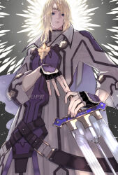 Rule 34 | 1boy, 2tsubu, black gloves, blonde hair, blue eyes, circlet, cross, english text, fingerless gloves, gloves, guilty gear, guilty gear 2, hair between eyes, highres, holding, holding sword, holding weapon, king, ky kiske, long hair, long sleeves, looking at viewer, male focus, shirt, solo, sword, upper body, weapon, white shirt, wide sleeves