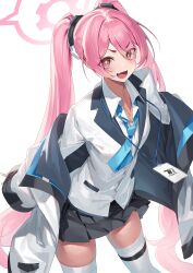 Rule 34 | 1girl, absurdres, blue archive, blush, breasts, halo, highres, jacket, koyuki (blue archive), long hair, long sleeves, looking at viewer, necktie, open mouth, pink eyes, pink hair, shirt, skirt, small breasts, smile, solo, thighhighs, twintails, white jacket, yamanokami eaka