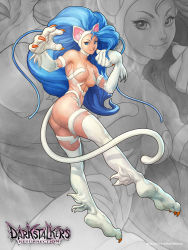 Rule 34 | 1girl, animal ears, animal hands, ass, blue eyes, blue hair, breasts, capcom, cat ears, cat girl, cat tail, fangs, felicia (vampire), female focus, full body, large breasts, long hair, matching hair/eyes, official art, partially colored, solo, stanley lau, tail, uncensored, vampire (game), zoom layer