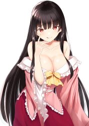 Rule 34 | 1girl, absurdres, black hair, breasts, cleavage, collarbone, highres, houraisan kaguya, i.f.s.f, large breasts, long hair, long sleeves, looking at viewer, pink shirt, red eyes, red skirt, shirt, simple background, skirt, solo, tongue, tongue out, touhou, white background, wide sleeves