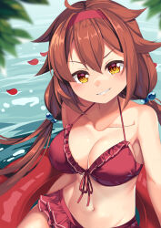 Rule 34 | 1girl, ahoge, alternate hairstyle, bikini, bikini skirt, blurry, blurry foreground, blush, breasts, brown hair, cleavage, commentary request, daiwa scarlet (trifle vacation) (umamusume), daiwa scarlet (umamusume), front-tie bikini top, front-tie top, hair between eyes, hair flaps, hairband, highres, kantai collection, large breasts, looking at viewer, navel, ocean, outdoors, red bikini, red hairband, red innertube, shiratsuyu (kancolle), smile, solo, swimsuit, trait connection, twintails, umamusume, v-shaped eyebrows, water, yasume yukito, yellow eyes