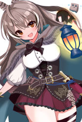 Rule 34 | 1girl, absurdres, ahoge, belt, blush, brown capelet, brown cloak, brown corset, brown eyes, brown hair, cape, capelet, cloak, corset, dagger, feather hair ornament, feathers, friend (nanashi mumei), gloves, hair ornament, hieroglyphics, highres, hololive, hololive english, knife, lantern, long hair, looking at viewer, multicolored hair, nanashi mumei, partially fingerless gloves, pleated skirt, ponytail, red skirt, ribbon, shirt, skirt, smile, solo, streaked hair, thigh strap, thighhighs, virtual youtuber, weapon, white shirt, yusyajisanyo