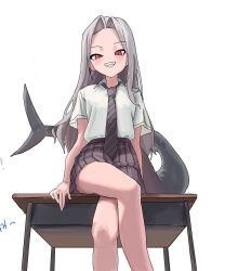 Rule 34 | 1girl, bare legs, black necktie, blush, borrowed character, caviar (potg), collared shirt, commentary request, crossed legs, desk, diagonal-striped clothes, diagonal-striped necktie, feet out of frame, fins, fish tail, grey hair, grin, highres, long hair, looking at viewer, necktie, on desk, original, pleated skirt, red eyes, shark girl, shark tail, sharp teeth, shirt, short sleeves, simple background, sitting, skirt, smile, solo, striped clothes, syc2159, tail, teeth, very long hair, white background, white shirt
