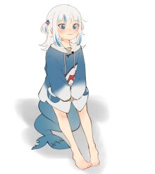 1girl :3 barefoot blue_eyes blue_hair blue_hoodie blunt_bangs blush commentary drawstring english_commentary feet fins fish_tail gawr_gura gawr_gura_(1st_costume) grey_hair hair_ornament highres hololive hololive_english hood hood_down hoodie long_sleeves mittsu multicolored_hair own_hands_together shark_girl shark_tail simple_background sitting_on_own_tail sleeves_past_wrists solo standing streaked_hair tail toes two_side_up virtual_youtuber white_background