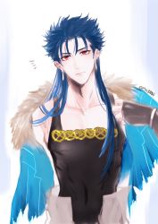 Rule 34 | 1boy, absurdres, blue hair, bracelet, capelet, chiritaros, closed mouth, collarbone, cu chulainn (fate), cu chulainn (caster) (fate), earrings, expressionless, fate/grand order, fate (series), fur-trimmed capelet, fur trim, highres, jewelry, cu chulainn (fate/stay night), long hair, male focus, multiple piercings, navel, red eyes, simple background, skin tight, solo, spiked hair, tank top, type-moon, white background