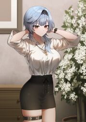 Rule 34 | 1girl, alternate costume, arms behind head, arms up, black skirt, blue hair, breasts, brown eyes, buttons, closed mouth, collared shirt, cowboy shot, dress shirt, eula (genshin impact), expressionless, genshin impact, hair over shoulder, hairband, high-waist skirt, highres, jewelry, large breasts, long hair, looking at viewer, necklace, office lady, pencil skirt, plant, potted plant, shirt, shirt tucked in, skindentation, skirt, solo, thigh strap, thighs, watch, white shirt, wristwatch, yareen