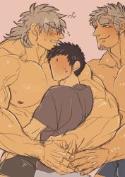 Rule 34 | 3boys, bara, blush, highres, male focus, marototori, multiple boys, naughty face, topless male, size difference, sweat, undressing, yaoi