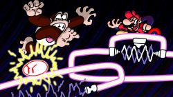 Rule 34 | 2boys, donkey kong (series), donkey kong jr., donkey kong jr. (game), electricity, evil grin, evil smile, facial hair, grin, hat, highres, jumping, laughing, mario, multiple boys, mustache, nintendo, smile