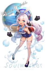 Rule 34 | 1girl, animal ears, backpack, bag, blue eyes, covered navel, crop top, ecell, full body, hat, leaning forward, long hair, low-tied long hair, mary janes, one-piece swimsuit, open mouth, rabbit ears, randoseru, school swimsuit, school uniform, see-through, serafuku, shirt, shoes, silver hair, sleeveless, sleeveless shirt, smile, solo, soulworker, stella unibell, swimsuit, thighhighs, twintails, wet, wet clothes, wet shirt, white shirt, white thighhighs