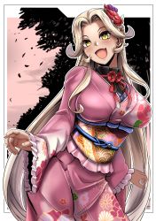Rule 34 | 1girl, :d, blonde hair, blush, breasts, commentary request, fang, floral print, flower, forehead, frills, hair flower, hair ornament, highres, japanese clothes, kimono, large breasts, long hair, looking at viewer, nijisanji, nui sociere, nui sociere (3rd costume), open mouth, sash, sleeveless, slit pupils, smile, solo, very long hair, virtual youtuber, yaruku, yellow eyes