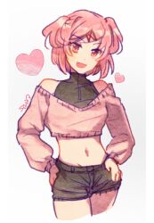 Rule 34 | 1girl, :d, artist name, bare shoulders, black shirt, black shorts, bob cut, casual, crop top, cropped legs, cropped sweater, doki doki literature club, hair ornament, hands on own hips, heart, long sleeves, looking at viewer, midriff, natsuki (doki doki literature club), navel, off-shoulder sweater, off shoulder, open mouth, pink eyes, pink hair, pink sweater, shirt, short hair, short shorts, shorts, signature, simple background, sleeveless, sleeveless turtleneck, smile, solo, sora (efr), sweater, swept bangs, turtleneck, two side up, white background, x hair ornament