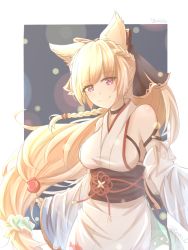Rule 34 | 1girl, animal ears, artist name, bare shoulders, blonde hair, braid, breasts, candy apple, character name, closed mouth, commentary, detached sleeves, erune, food, granblue fantasy, head tilt, highres, holding, holding food, japanese clothes, kimono, long hair, long sleeves, looking at viewer, medium breasts, obi, pink eyes, sash, smile, solo, very long hair, yuisis (granblue fantasy), yukata, zakuromu