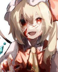 Rule 34 | 1girl, ascot, blonde hair, blood, blood on face, blood on hands, blouse, chicachang, chromatic aberration, collared shirt, crystal, flandre scarlet, hair between eyes, hat, hat ribbon, medium hair, mob cap, one side up, open mouth, portrait, red eyes, red vest, ribbon, shirt, smile, vest, white background, white shirt, wings, yellow ascot