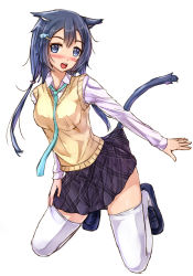 Rule 34 | 1girl, animal ears, aqua necktie, black hair, blush, cat ears, cat tail, fish hair ornament, full body, hair ornament, hairclip, kazeno, kneeling, long hair, long sleeves, looking at viewer, necktie, open mouth, original, school uniform, simple background, skirt, solo, sweater vest, tail, thighhighs, twintails, white background, white thighhighs
