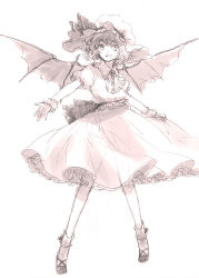 Rule 34 | 1girl, bat wings, female focus, hat, highres, monochrome, open mouth, outstretched arm, outstretched hand, remilia scarlet, short hair, simple background, skirt hold, smile, solo, sugi, touhou, white background, wings