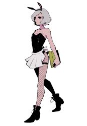 Rule 34 | 1boy, animal ears, ankle boots, apron, bags under eyes, bare arms, bare shoulders, belt, black footwear, black leotard, boots, cross-laced footwear, crossdressing, dungeon meshi, fake animal ears, fishnet pantyhose, fishnets, from side, frown, full body, grey hair, hair over one eye, hairband, highres, holding, leotard, male focus, mithrun, multiple scars, oversized breast cup, pantyhose, r06ku, rabbit ears, scar, scar on arm, scar on chest, scar on hand, short hair, simple background, solo, strapless, strapless leotard, thigh belt, thigh strap, uneven eyes, untied, waist apron, walking, white apron, white background