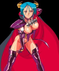 Rule 34 | 00s, 1girl, aqua hair, black background, boots, breasts, cape, carrera, demon horns, demon tail, elbow gloves, gloves, horns, large breasts, leaning forward, nipples, official art, red eyes, skull, solo, tail, thigh boots, thighhighs, viper, viper gts