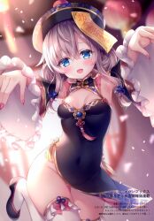Rule 34 | 1girl, :d, absurdres, armpits, arms up, bare shoulders, black dress, black footwear, black headwear, blue eyes, breasts, cleavage cutout, clothing cutout, covered navel, detached sleeves, dress, frills, gold trim, grey hair, groin, halloween, highres, jiangshi, leg up, long hair, long sleeves, looking at viewer, mitsuba choco, no panties, ofuda, open mouth, original, pelvic curtain, reaching, reaching towards viewer, scan, shoes, small breasts, smile, solo, thighhighs, thighs, white thighhighs, wide sleeves