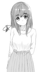 Rule 34 | 1girl, arms behind back, blouse, blush, closed mouth, commentary request, greyscale, head tilt, high-waist skirt, highres, long hair, long sleeves, looking at viewer, monochrome, original, shirt, signature, simple background, skirt, solo, standing, upper body, white background, yuki arare