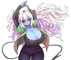 Rule 34 | 1girl, aoi hada no ten&#039;in to shiawasena tomodachi, arms behind head, black horns, black pants, black sclera, black shirt, black tail, blue skin, breasts, cleavage, colored sclera, colored skin, demon girl, demon horns, demon tail, highres, horns, huge breasts, koike (aoi hada no ten&#039;in to shiwasena tomodachi), long hair, long sleeves, pants, red eyes, shiny skin, shirt, smile, store clerk, tail, thighs, two-tone shirt, white hair, zyugoya