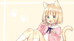 Rule 34 | 1girl, :d, animal ears, beige background, blonde hair, blue bow, blush, bow, cat ears, cat girl, cat tail, claw pose, commentary, dress, fang, green eyes, jacket, kneehighs, knees up, long sleeves, looking at viewer, midorikawa you, open clothes, open jacket, open mouth, original, pink jacket, short hair, sitting, sleeves past wrists, smile, socks, solo, symbol-only commentary, tail, tail raised, two-tone background, v-shaped eyebrows, white background, white dress, white socks