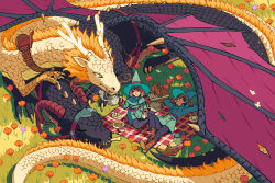Rule 34 | 1boy, 1girl, absurdres, antlers, black hair, blue coat, bone, boots, checkered blanket, coat, dragon, eastern dragon, flower, food, goggles, goggles on head, grass, hat, highres, horns, kevin hong, looking at another, orange hair, original, picnic, picnic basket, pie, sandwich, smile, teapot, western dragon, witch, witch hat