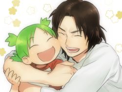 Rule 34 | 1boy, 1girl, age difference, bad id, bad pixiv id, cheek-to-cheek, child, closed eyes, father and daughter, happy, heads together, hug, icym, koiwai yotsuba, mr. koiwai, open mouth, short hair, smile, yotsubato!