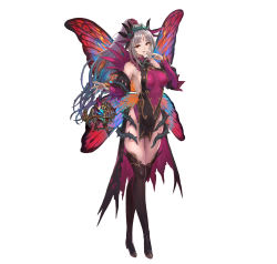 Rule 34 | 1girl, absurdres, bare shoulders, boots, breasts, butterfly wings, dress, fairy wings, female focus, fire emblem, fire emblem heroes, floating, floating object, full body, gradient hair, grey hair, hair ornament, hand up, highres, insect wings, large breasts, long hair, looking at viewer, multicolored hair, nintendo, official art, pelvic curtain, plumeria (fire emblem), pointy ears, ponytail, red eyes, shiny clothes, shiny skin, sleeveless, smile, solo, thigh boots, thighhighs, thorns, white background, wings, yoshiku (oden-usagi)