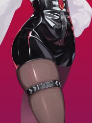 Rule 34 | 1girl, black shorts, close-up, dalcom, gradient background, high-waist shorts, highres, hololive, latex shorts, long sleeves, necktie, puffy long sleeves, puffy sleeves, red background, red necktie, shiny clothes, shorts, skindentation, solo, takane lui, takane lui (1st costume), thigh strap, thighs, virtual youtuber