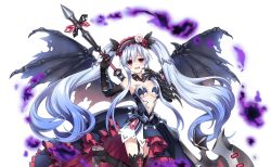 Rule 34 | black dress, boots, breasts, clawed gauntlets, cleavage, collar, demon wings, dress, fairy fencer f, garter straps, hair ornament, hairband, high heel boots, high heels, holding, holding weapon, lolita hairband, mega miracle force, neptune (series), noire (neptunia), official art, open mouth, polearm, red eyes, spear, thighhighs, tiara (fairy fencer f), twintails, weapon, white hair, wings